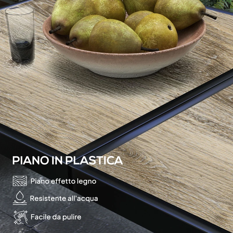 Outsunny Tavolo da Giardino Rettangolare per 6 Persone con Piano Effetto Legno, in Acciaio e PSPC, 145x85x72 cm, Grigio