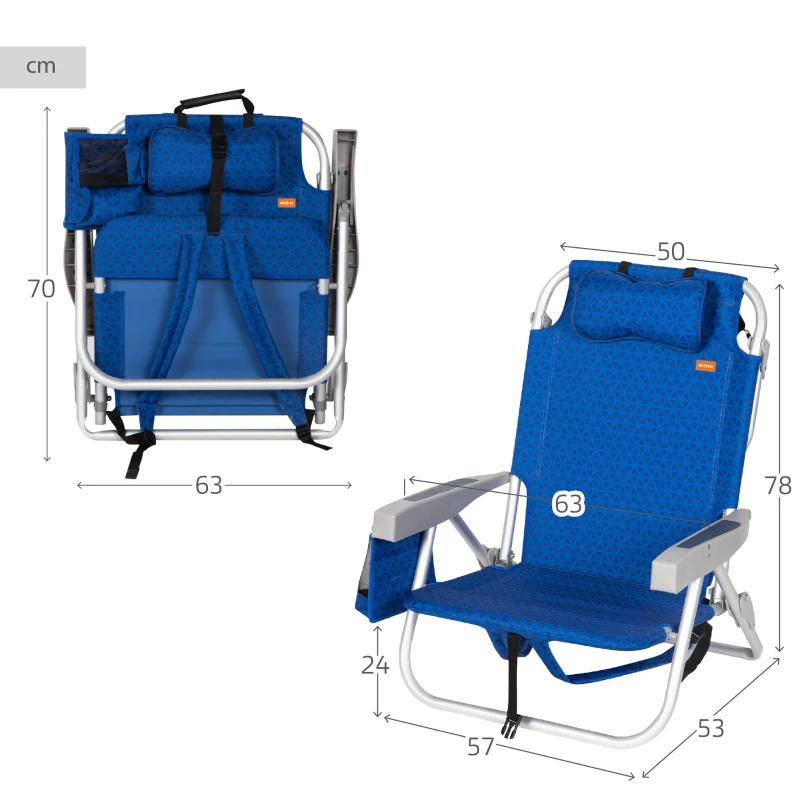 Silla de Playa Baja XL Multiposición con Cojín, Bolsillo y Nevera, 55x60x80 Cm, Azul