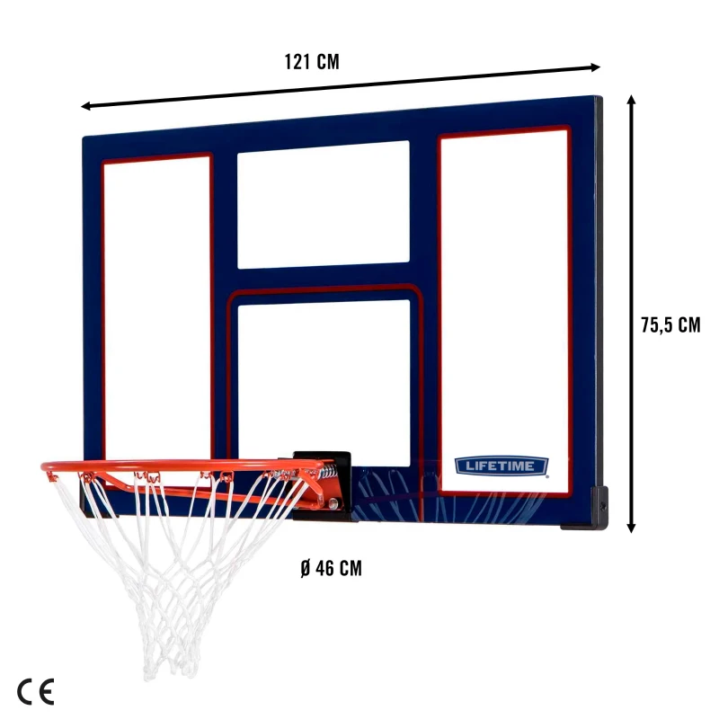 Tablero de Baloncesto Policarbonato Ultrarresistente con Aro 46 Cm, 121x5x75,5 Cm, Azul y Rojo