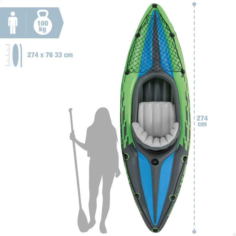Kayak Hinchable Intex Challenger K1 con Remo y Bomba, 274x76x33 Cm, Verde, Negro y Azul