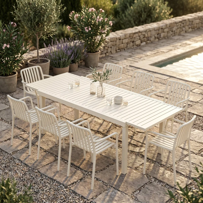Outsunny Masă de Grădină Extensibilă pentru 6-8 Persoane, din Aluminiu cu Blat cu Lamele, Alb