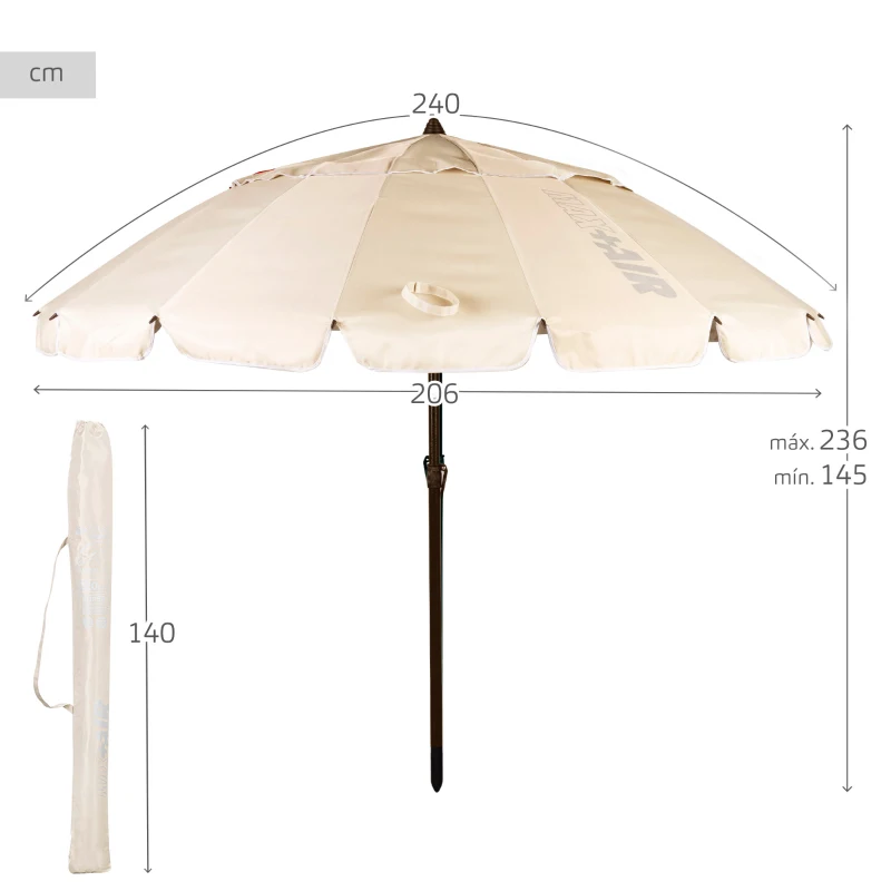 Sombrilla Playa Antiviento 16 Varillas Max Air, 240x145x236 Cm, Crema
