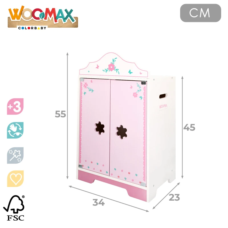 Armario de Muñecas de Madera Woomax, Cierre Magnético, 34x23x55 Cm, Rosa y Blanco