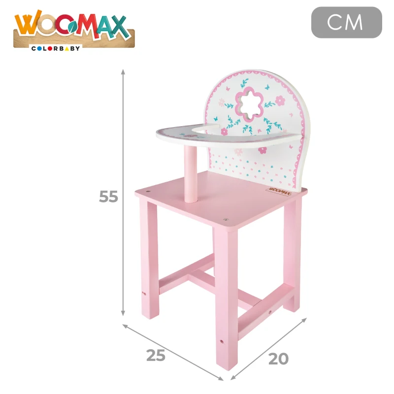 Trona para Muñecas 30-40 Cm de Madera Natural, 26x7x42 Cm, Blanco y Rosa