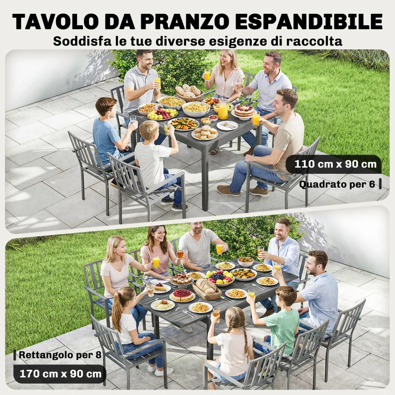 Outsunny Tavolo da Giardino Allungabile per 6-8 Persone con Piano a Doghe, in Alluminio, 110-170x90x75 cm, Grigio Scuro