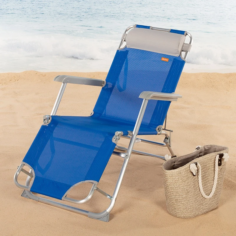 Tumbona Plegable Playa Reclinable 3 Posiciones con Cojín Extraíble, 47x153x33 Cm, Azul