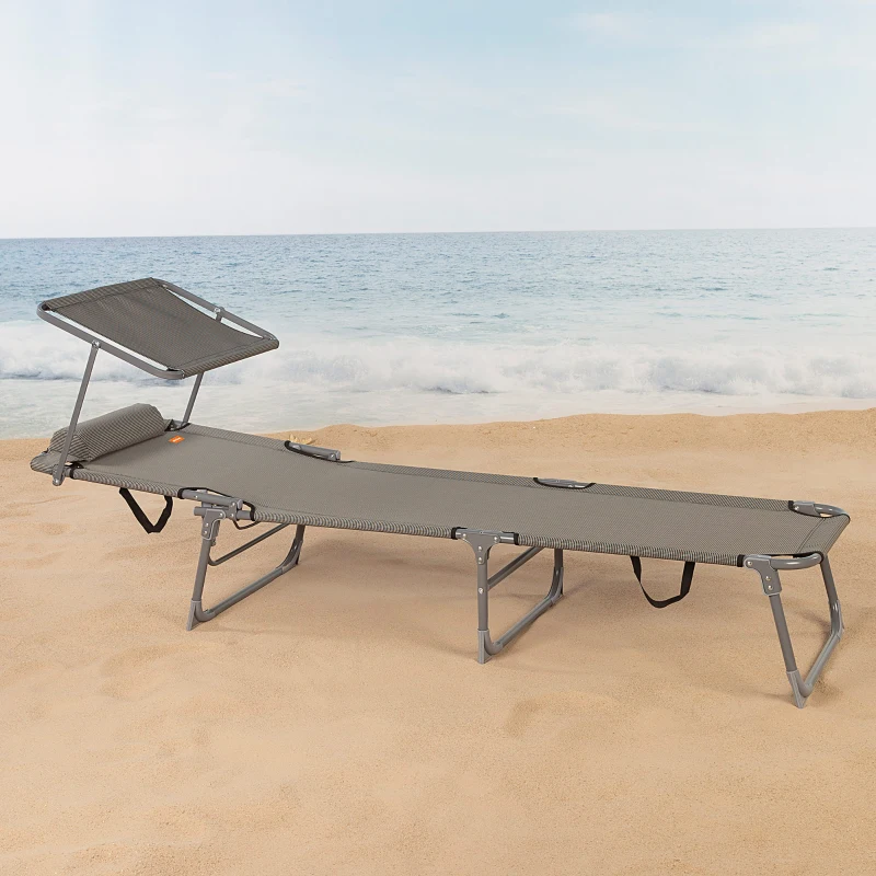 Tumbona Plegable de Playa con Parasol y Cojín Acolchado, 193x53x30 Cm, Gris
