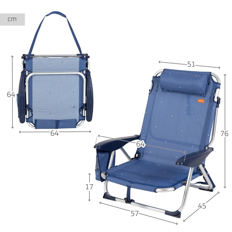 Silla de Playa Tumbona Baja Reclinable 4 Posiciones con Cojín y Bolsillo, 51x45x76 Cm, Azul Marino