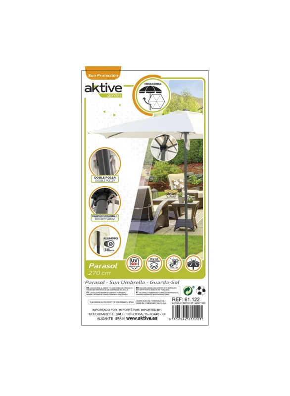 Sombrilla de Jardín Hexagonal con Doble Polea, Ø270 Cm, Crema
