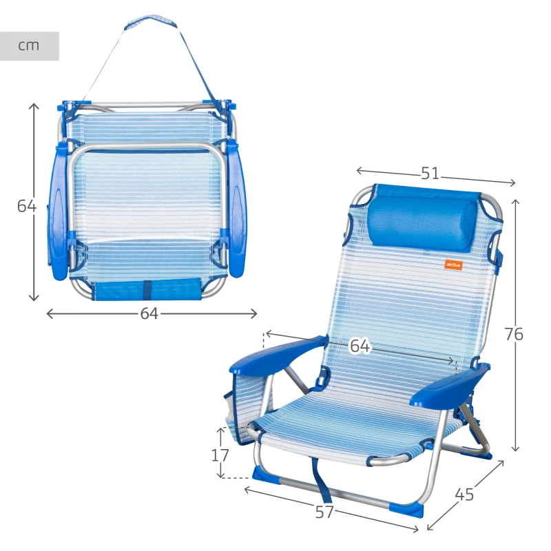 Silla Baja de Playa Plegable Reclinable 4 Posiciones con Cojín y Bolsillo, 64x11x64 Cm, Azul a Rayas