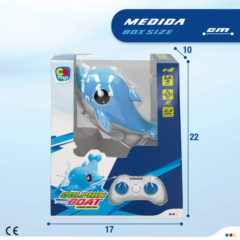 Delfín Teledirigido Recargable por USB con Mando 2,4 GHz, 17x10x22 Cm, Azul y Blanco