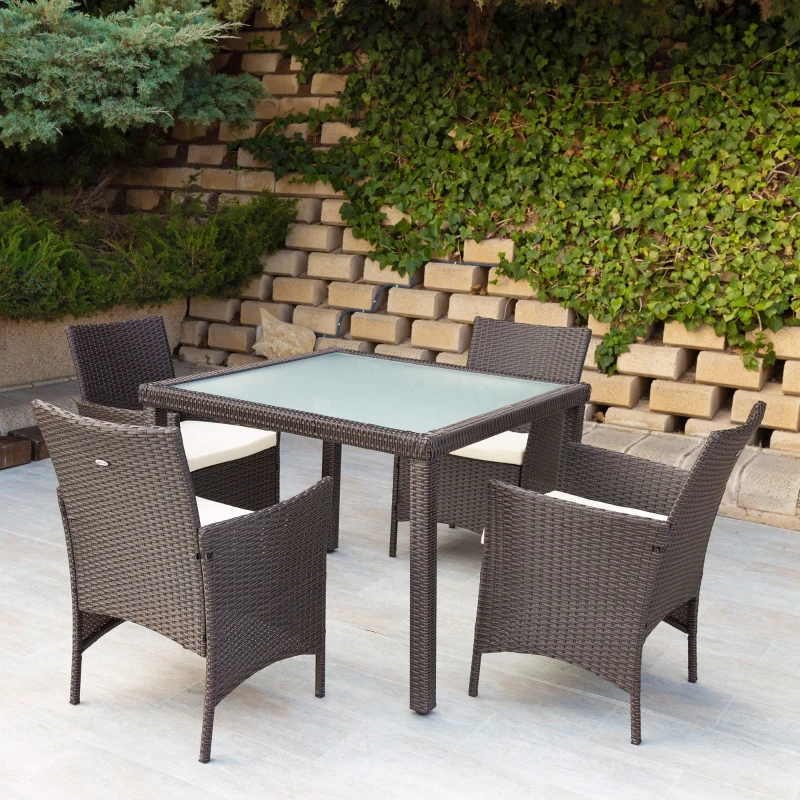 Set Muebles de Terraza Ratán Sintético 4 Sillas y Mesa Cuadrada, 100x100x75 Cm, Marrón