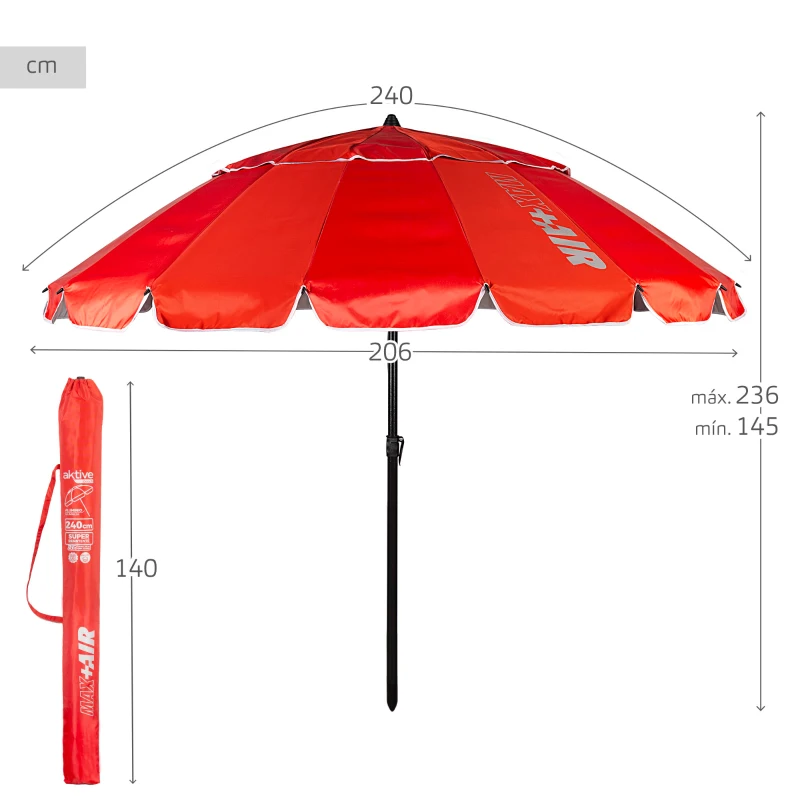 Sombrilla Playa Antiviento 16 Varillas 206x145x236 Cm, Rojo