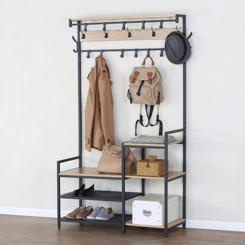 Perchero Zapatero Industrial con 4 Estantes y 15 Ganchos, 102x40x180 Cm, Negro