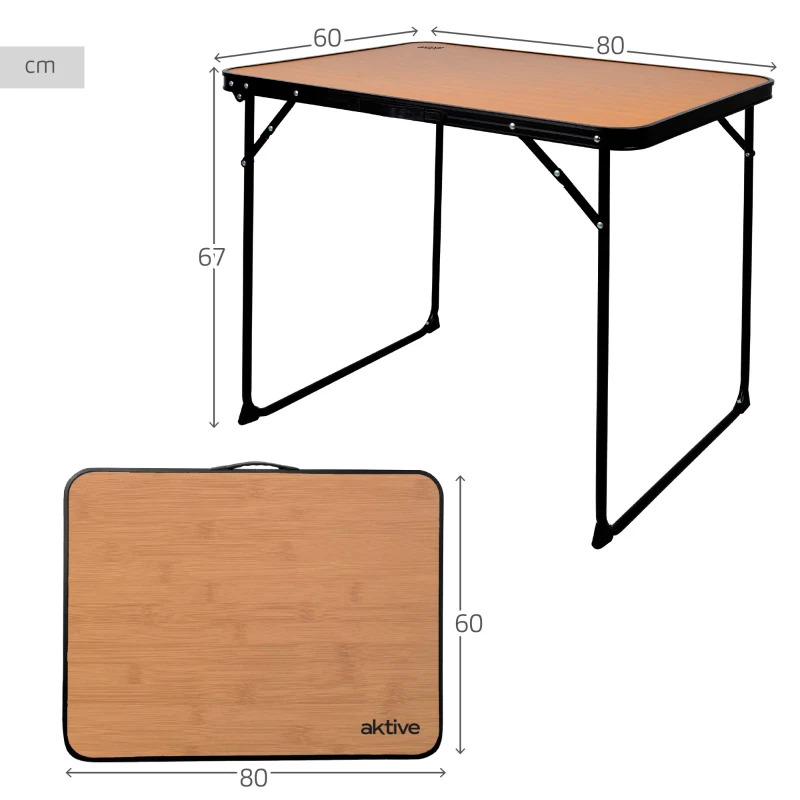 Mesa Plegable Camping Aktive con Asa de Transporte, 80x60x67 Cm, Madera Efecto Bambú
