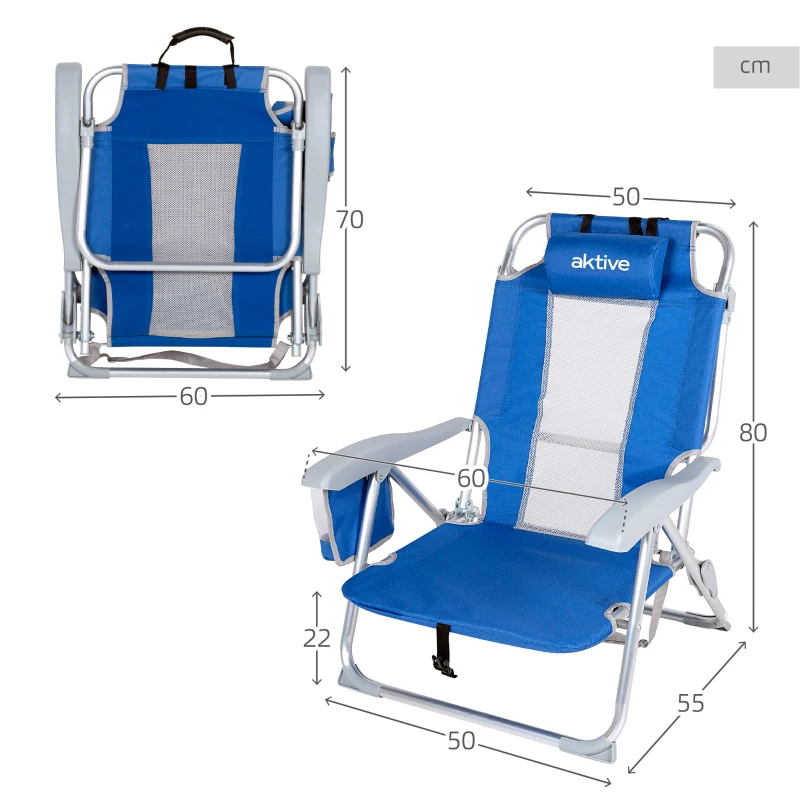 Silla de Playa Reclinable 7 Posiciones con Cojín, 50x55x80 Cm, Azul