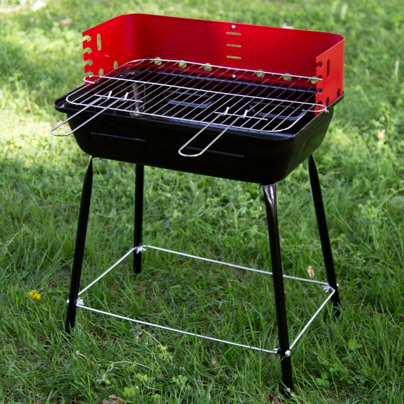 Barbacoa Portátil de Carbón Regulable en Altura con Cortavientos, 42x42x54 Cm, Negro