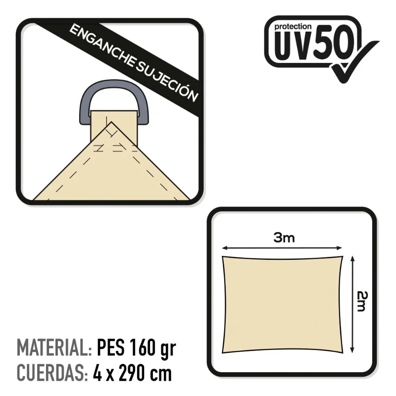 Toldo Vela Rectangular Protección UV50 300x200x0 Cm, Crema