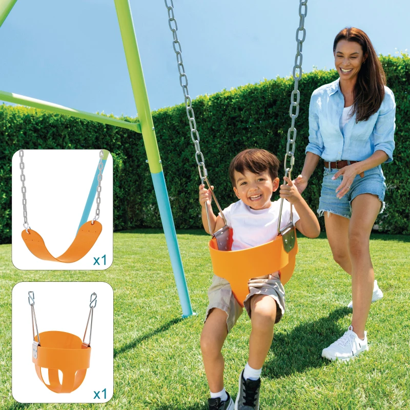 Columpio Infantil 2 en 1 con Asiento Reforzado y Cinturón, 170x235x200 Cm, Verde, Azul y Naranja