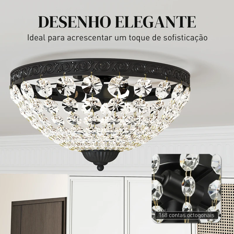 HOMCOM Candeeiro de Teto de Cristal Clássico com 2 Suportes E14 40W Candeeiro de Teto Vintage com 168 Contas de Cristal Ø35x22 cm Preto