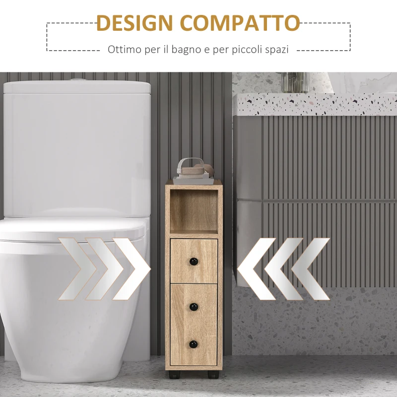Kleankin Armadietto da Bagno a Colonna, Mobile Bagno con 4 Ruote, 1 Cassetto 1 Armadietto con Anta 2 Armadietti Aperti, Color Rovere, 18x30x68.5 cm