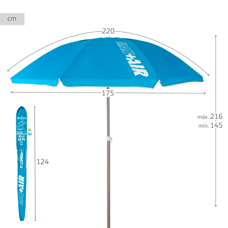 Sombrilla Playa Antiviento 8 Varillas, Ø220 Cm, Mástil Regulable 28/32 Mm, Azul