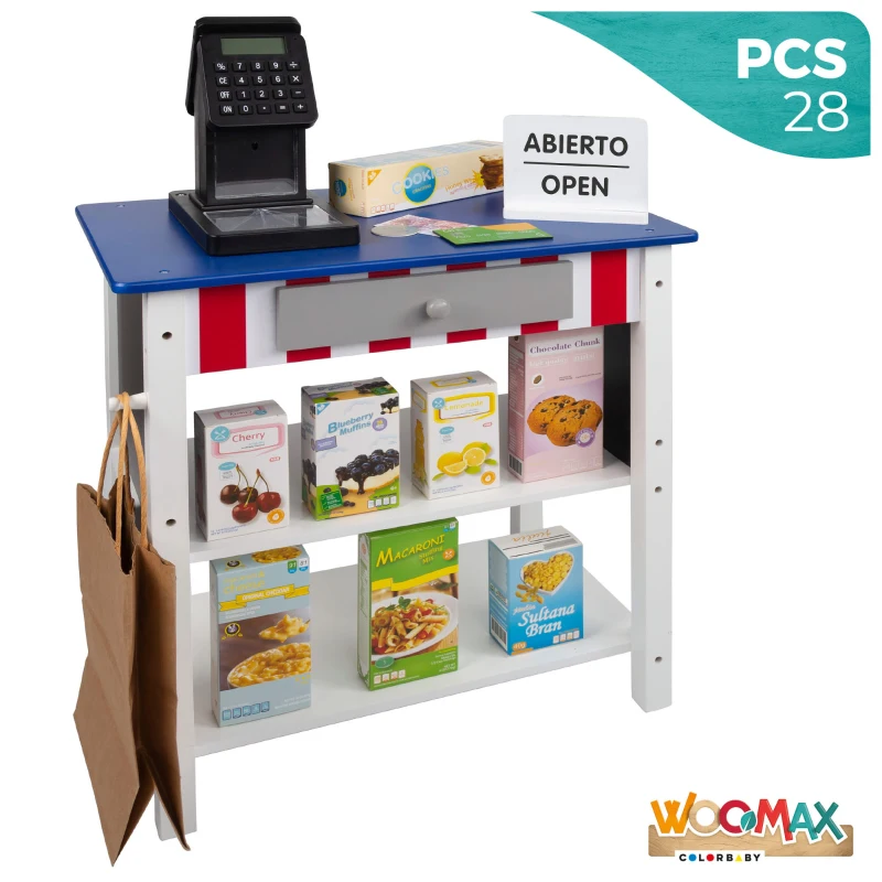 Supermercado de Juguete de Madera con Caja Registradora y 27 Accesorios, 48x30x70 Cm, Azul y Blanco