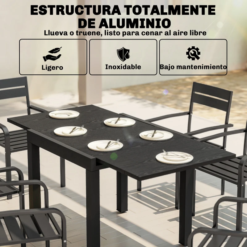 Outsunny Mesa de Comedor Exterior Extensible 80/160 cm para 4-6 Personas de Aluminio con Tapa de Listones Efecto Madera Negro