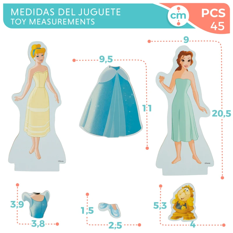 Puzzle Magnético Princesas Disney WOOMAX, 45 Piezas de Madera Natural, 32x3x28 Cm, Multicolor