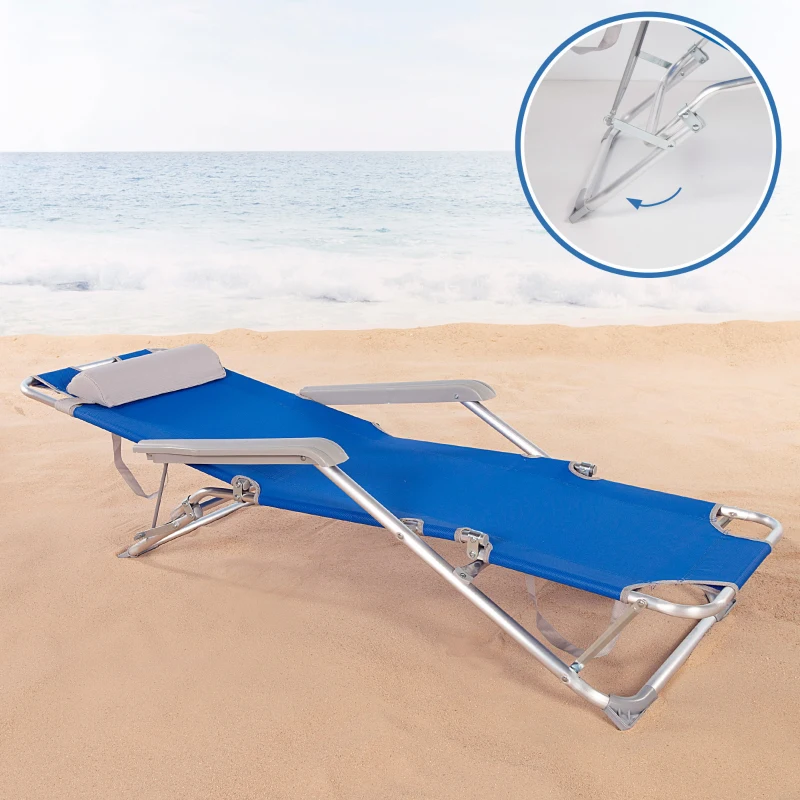 Tumbona Plegable Playa Reclinable 3 Posiciones con Cojín Extraíble, 47x153x33 Cm, Azul