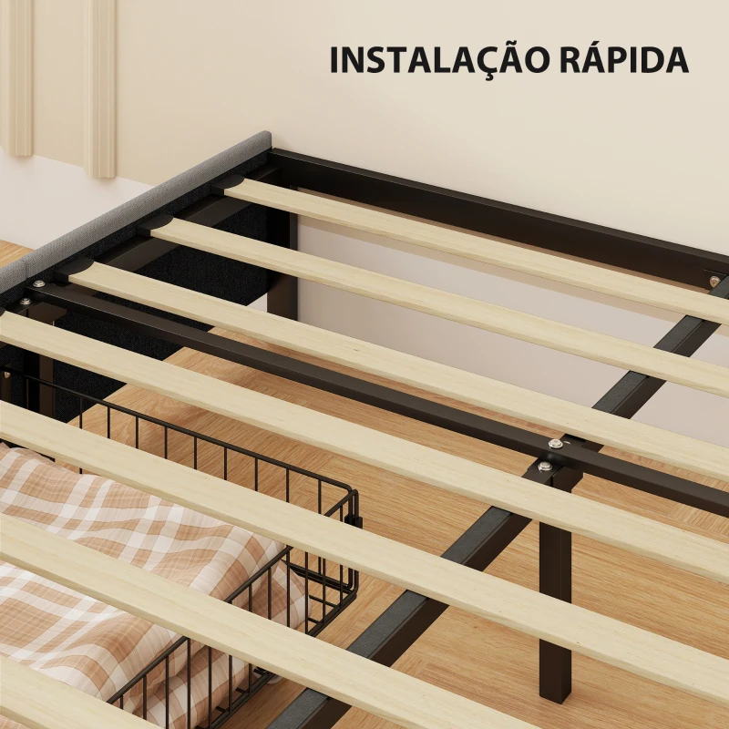 HOMCOM Cama de Casal 140x190 cm Estrado com 3 Gavetas e Estrutura Metálica Suporta 363 kg Cinzento