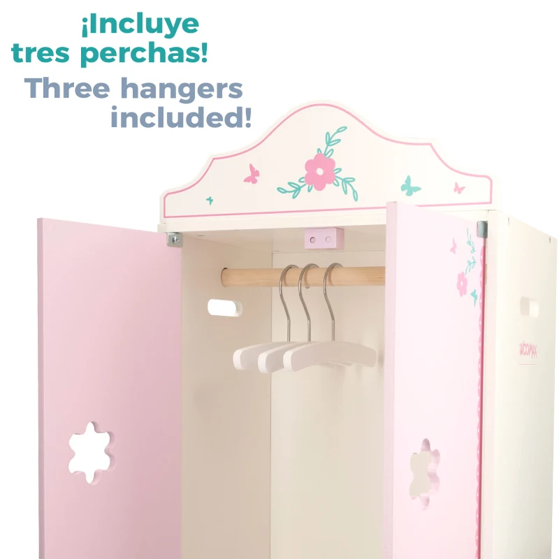 Armario de Muñecas de Madera Woomax, Cierre Magnético, 34x23x55 Cm, Rosa y Blanco