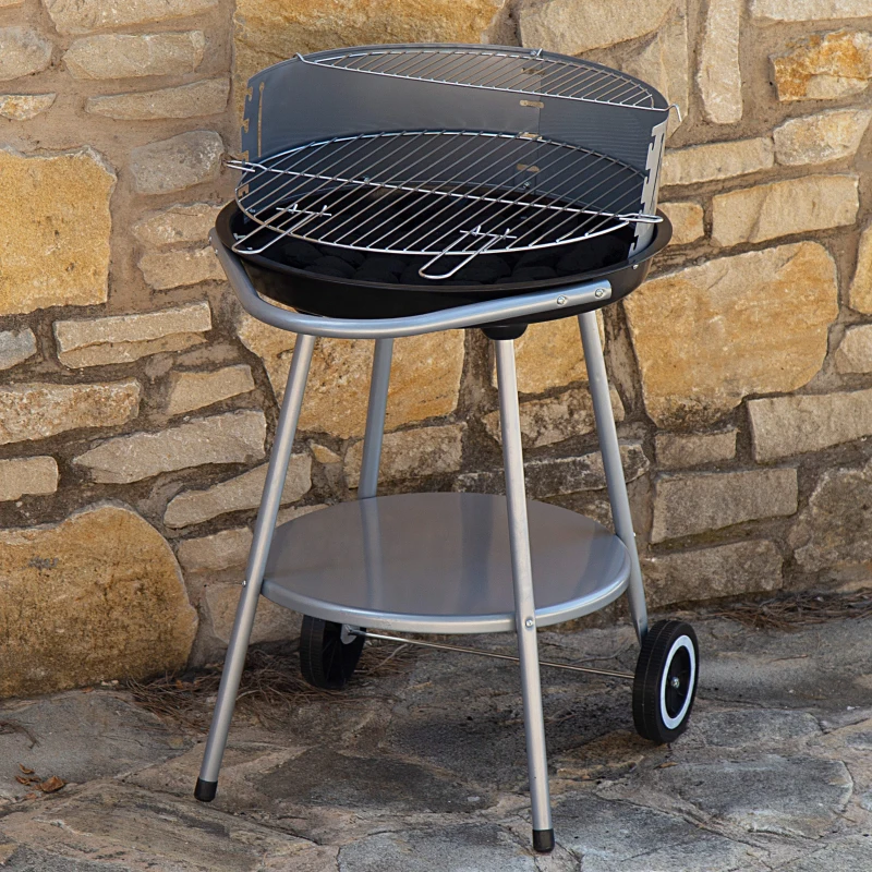 Barbacoa Portátil Redonda con Doble Parrilla y 4 Alturas Regulables, 51x51x82 Cm, Negro y Gris