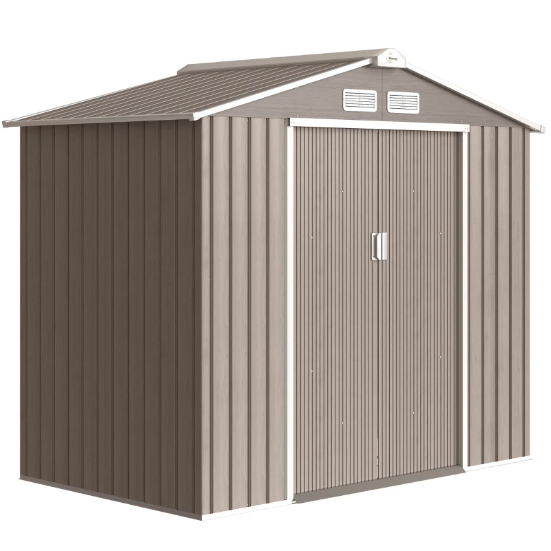 Outsunny Căsuță de Grădină din Metal cu Guri de Aerisire și Uși Duble Culisante, 2,1x1,3m, Maro Deschis(m-11)