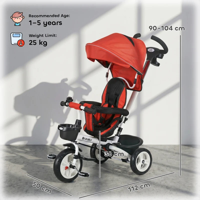 HOMCOM Metal Frame 6 in 1 Baby Push Tricycle with Parent Handle for 1-5 Years Old, Red