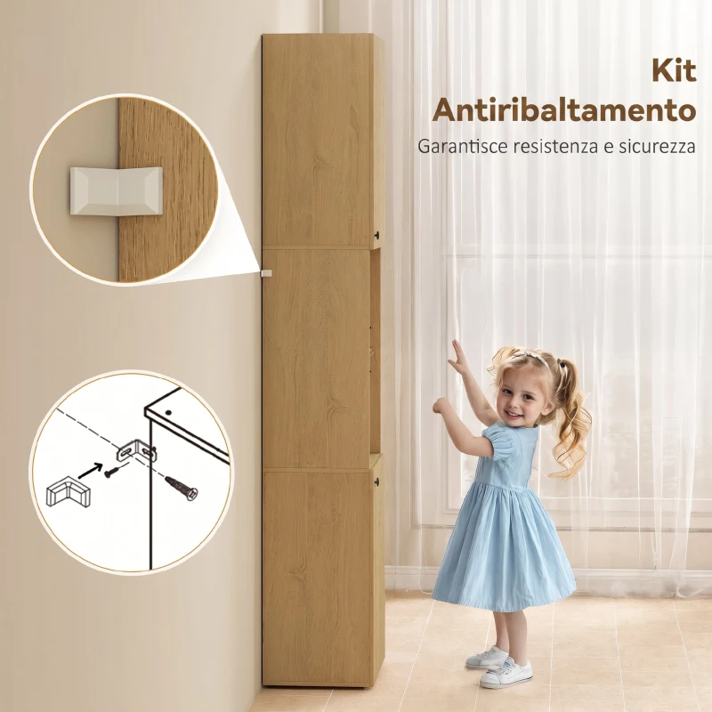 HOMCOM Colonna da Bagno Slim 6 Ripiani, 2 Ante, Scomparti Aperti, Ripiano in Vetro Temperato, Ripiani Regolabili, Rovere