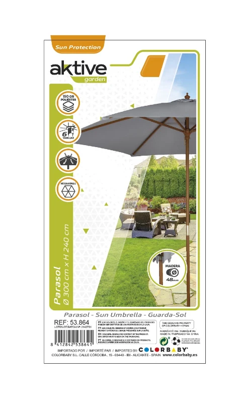Parasol Hexagonal Mástil Madera Ø300 Cm, Antracita