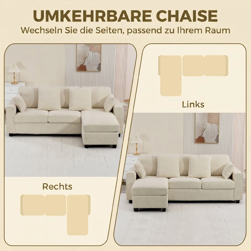 HOMCOM Ecksofa mit umkehrbarer Chaiselongue, 3-Sitzer Sofa mit Samtoptik, breite und tiefe Sitzfläche, Federkissen, Beige