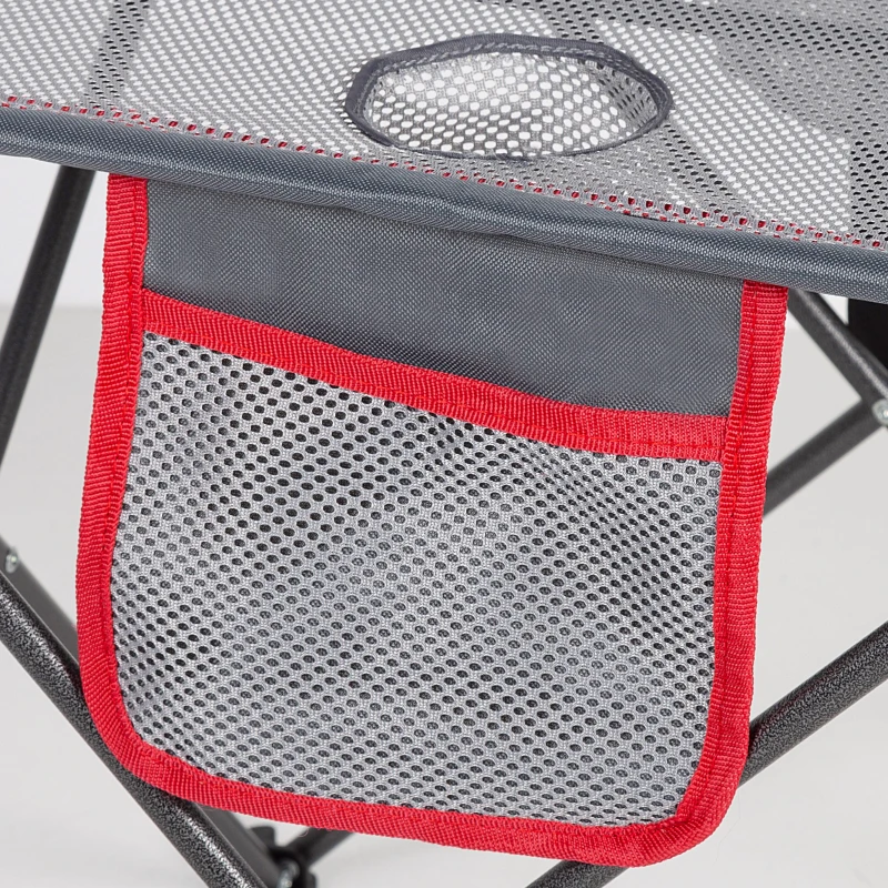 Mesa Plegable de Camping con 2 Posavasos y Bolsillo Lateral, 62x50x50 Cm, Gris y Rojo