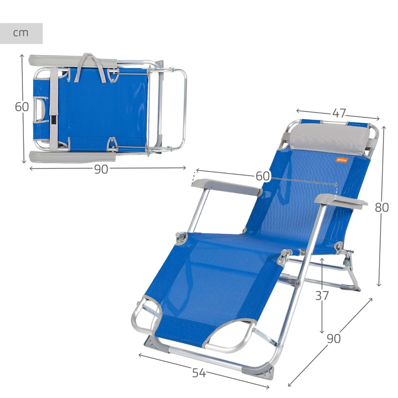 Tumbona Plegable Playa Reclinable 3 Posiciones con Cojín Extraíble, 47x153x33 Cm, Azul