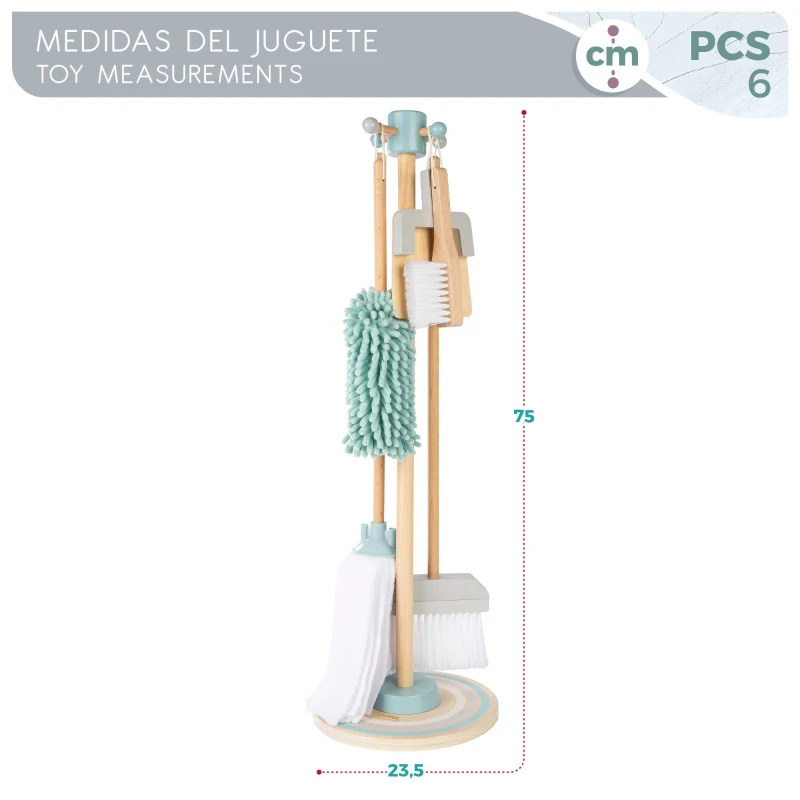 Set de Limpieza Infantil de Madera WOOMAX con Soporte, 23,5x23,5x75 Cm, Azul, Gris y Madera