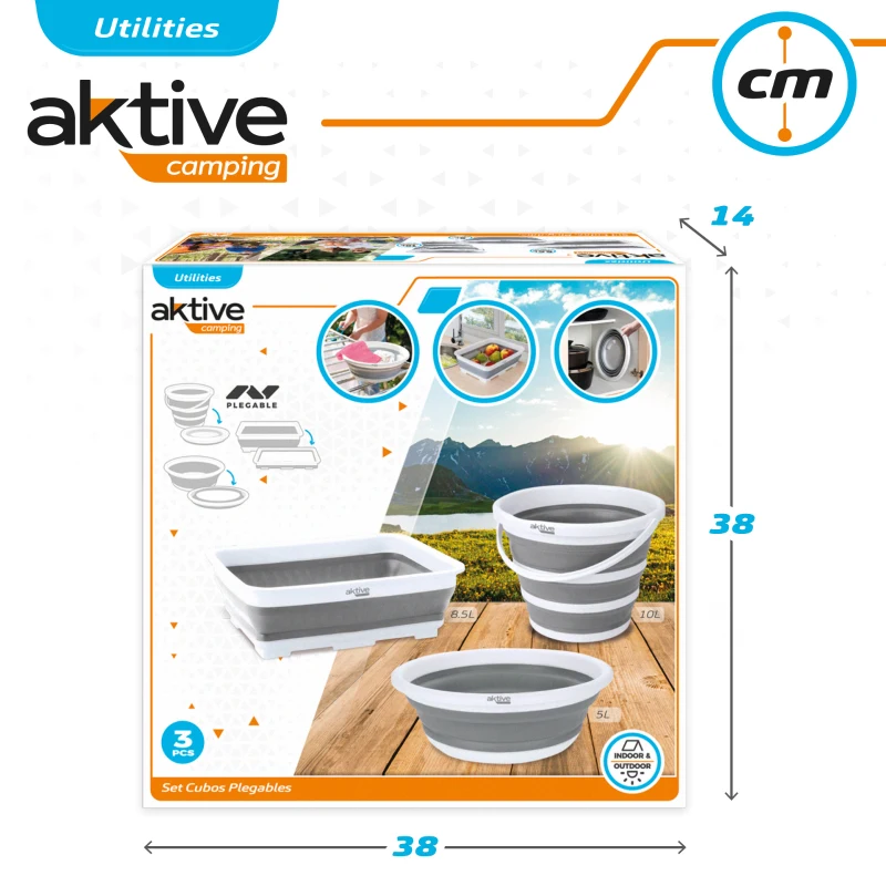Conjunto 3 Piezas Cubos Plegables Aktive, 37x27x12 Cm, Gris y Blanco