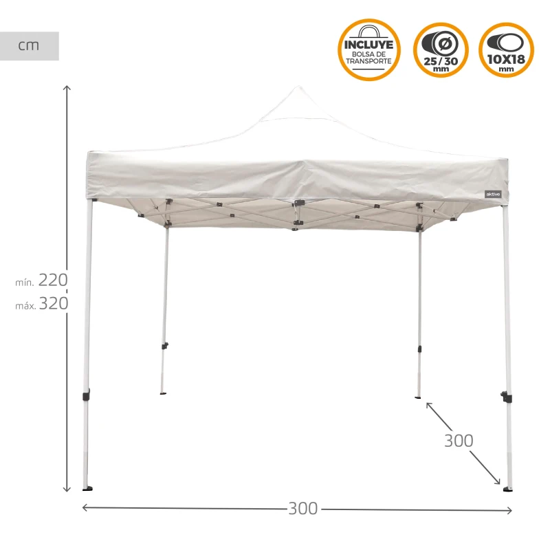 Cenador Plegable Ajustable con Estructura de Acero, 300x300x220/320 Cm, Blanco