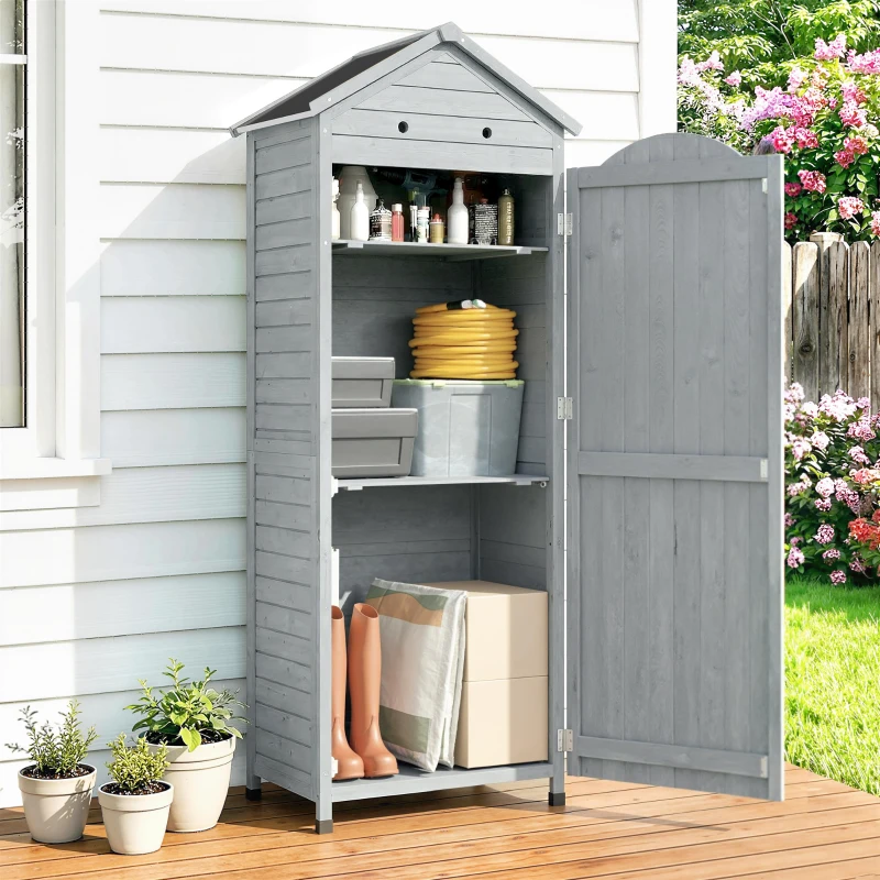 Outsunny Houten Tuinkast Extra Hoge Gereedschapskast met Verstelbare Planken, Magnetische Deur en Gegalvaniseerd Dak