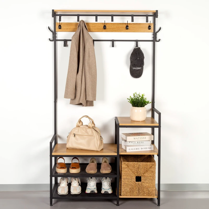 Perchero Zapatero Industrial con 4 Estantes y 15 Ganchos, 102x40x180 Cm, Negro