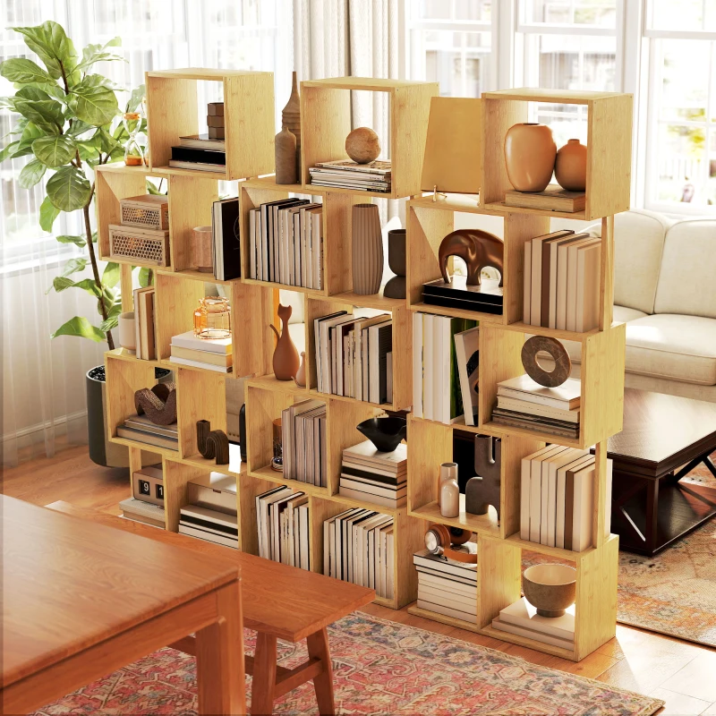 HOMCOM Libreria Moderna Asimmetrica a 5 Livelli in Bambù, 62.5 x 23 x 165 cm, Colore Legno Naturale