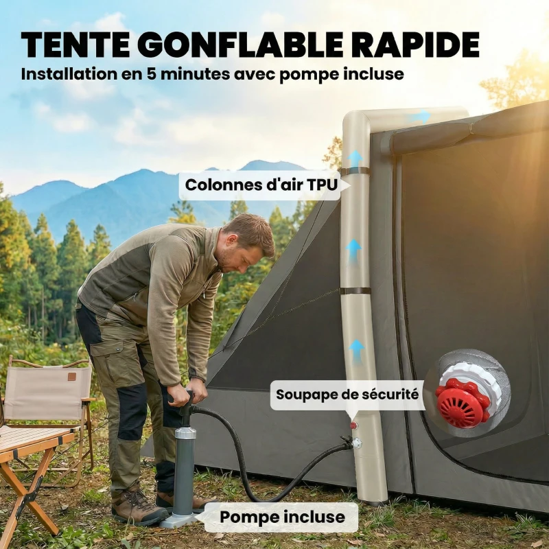 Outsunny Tente Gonflable de Camping 4 Personnes Blackout Tente à Air 5,8m de Long 2 Chambres et Séjour 580x270x202cm Gris Foncé