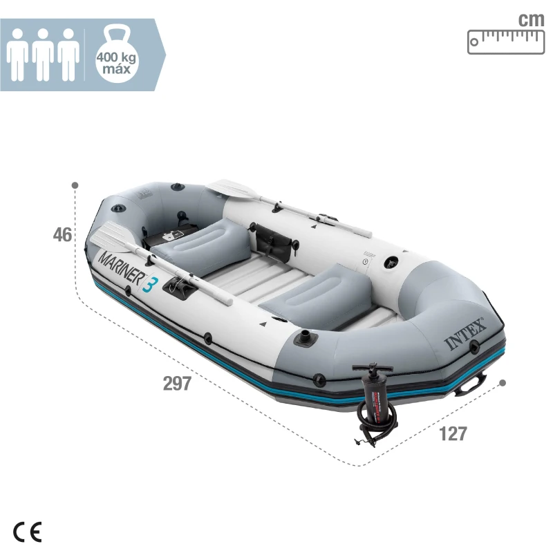 Barca Inflable Mariner 3 para 3 Personas con 2 Remos, 297x127x46 Cm, Gris