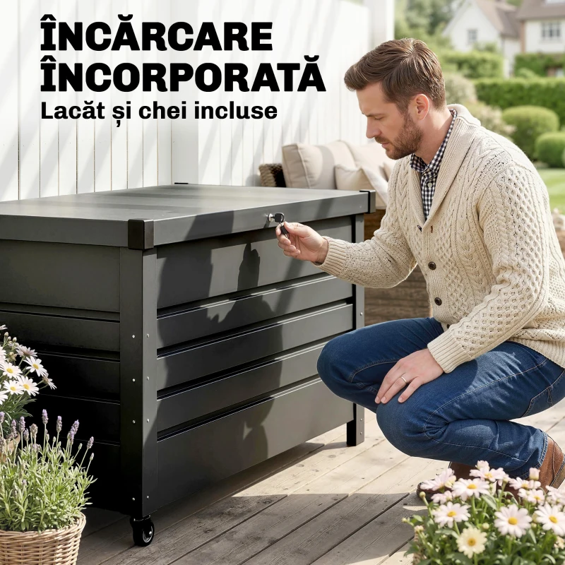 Outsunny Ladă 430L, Recipient Metalic cu Capac Blocabil, Roți, Mânere Laterale, Gri