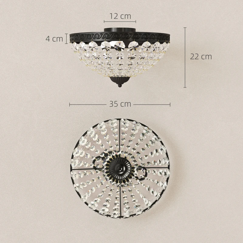 HOMCOM Candeeiro de Teto de Cristal Clássico com 2 Suportes E14 40W Candeeiro de Teto Vintage com 168 Contas de Cristal Ø35x22 cm Preto